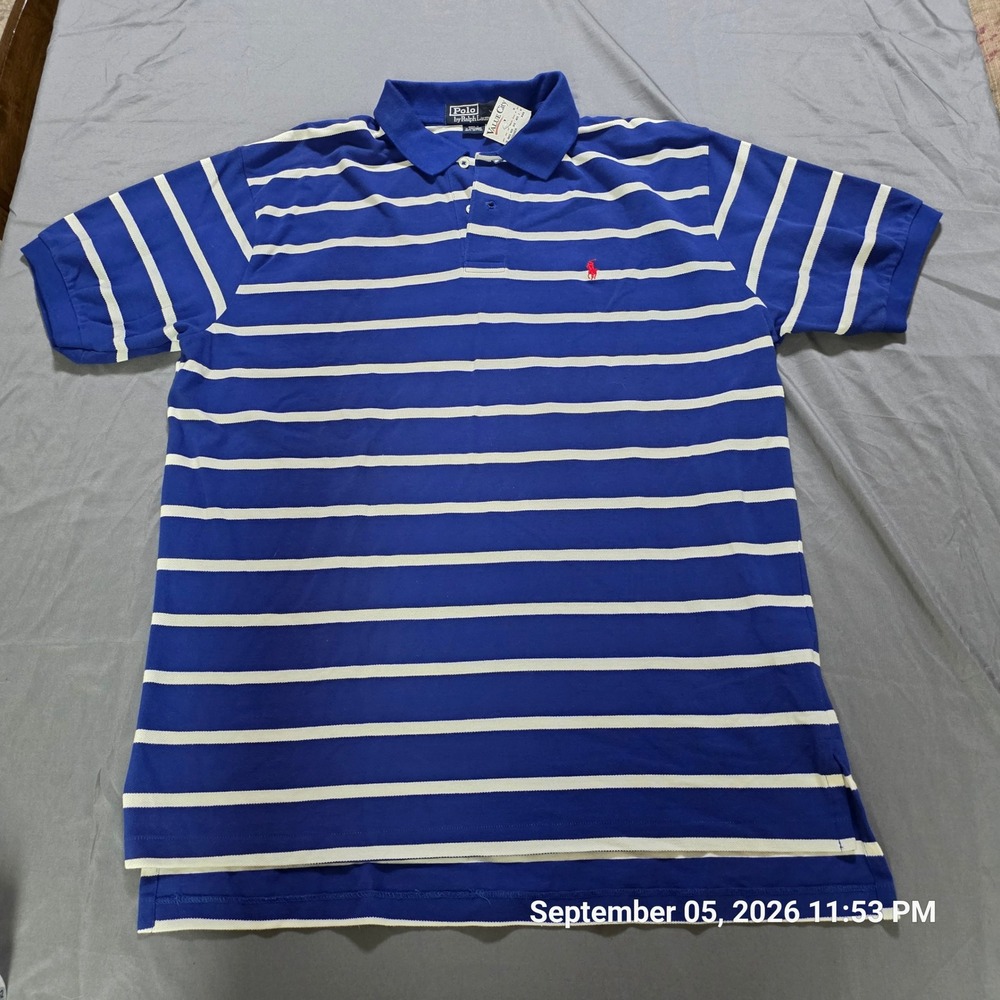 Polo Ralph Lauren Mens XL Blue White Striped Short Sleeve Pique Polo Shirt NWT